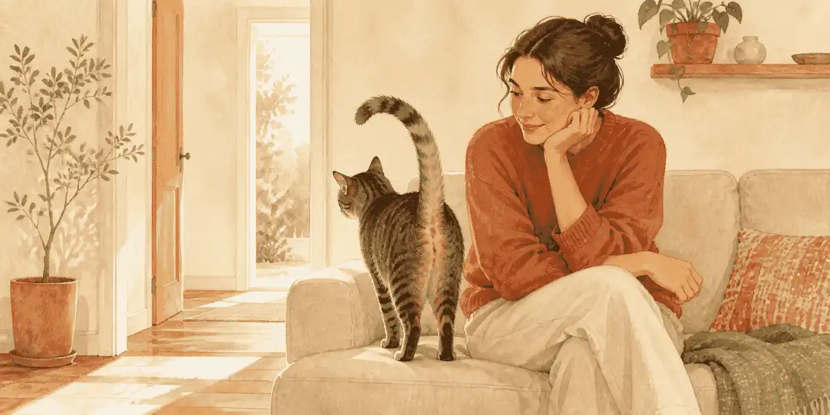 A tabby cat pauses with its tail raised near a seated caregiver while an open doorway leaves space to move away.