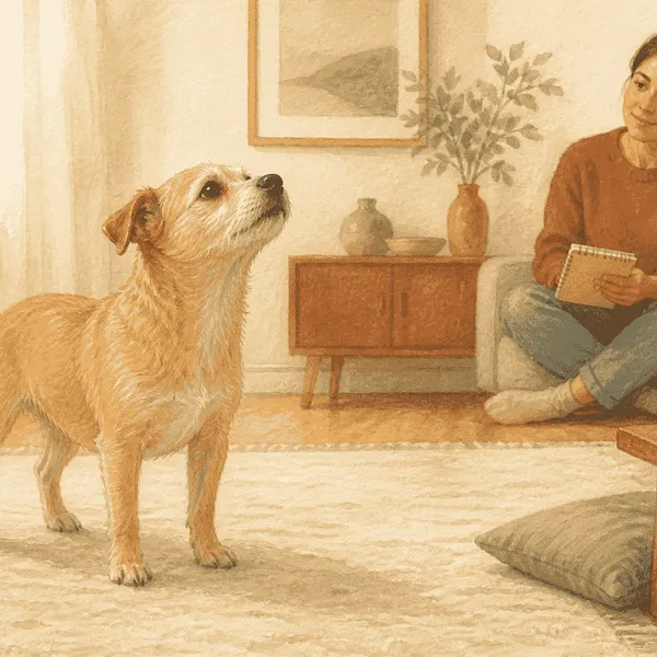 A small tan dog pauses on a warm paper-colored rug while a caregiver observes from a respectful distance.