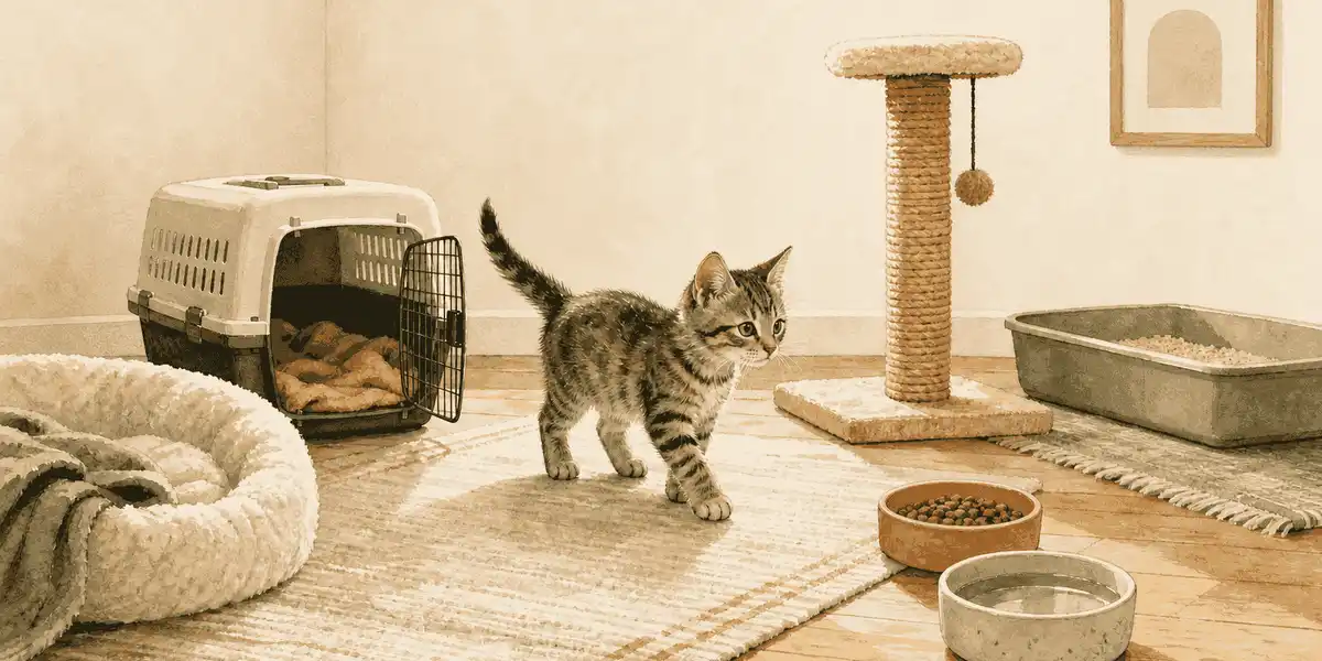 Young tabby kitten exploring a quiet prepared room with a bed, open carrier, food bowl, litter box, and scratching post.