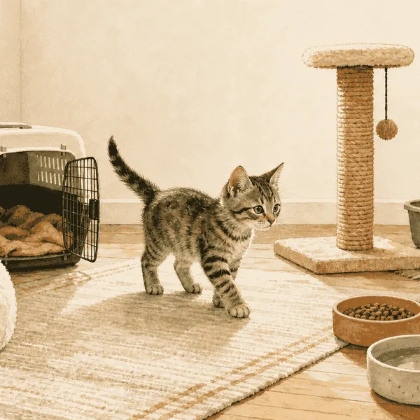 Young tabby kitten exploring a quiet prepared room with a bed, open carrier, food bowl, litter box, and scratching post.