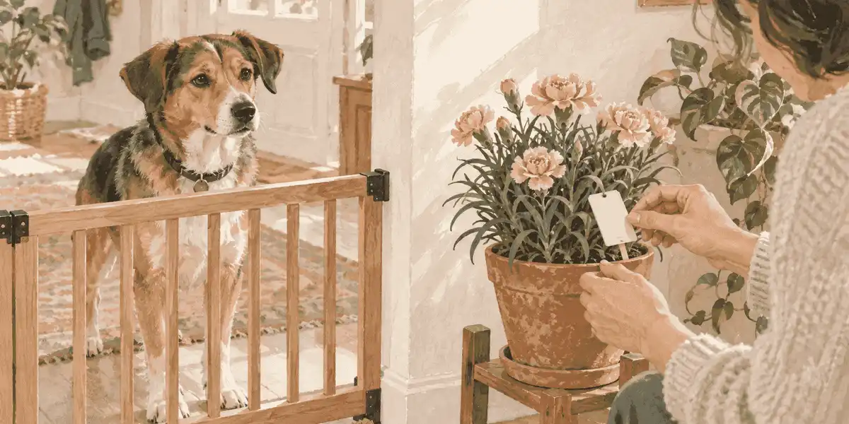 A caregiver checks a carnation plant label while a calm dog waits behind a low indoor gate.