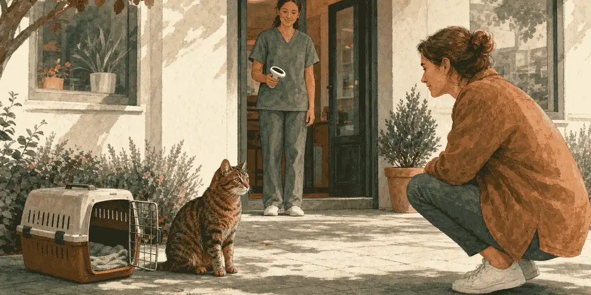 A person kneels beside an open carrier while a brown tabby waits near a veterinary clinic entrance.