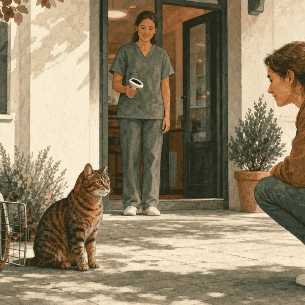 A person kneels beside an open carrier while a brown tabby waits near a veterinary clinic entrance.