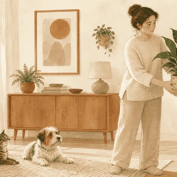 A caregiver holds a potted peace lily in a sunny living room while a tabby cat and small dog rest nearby.