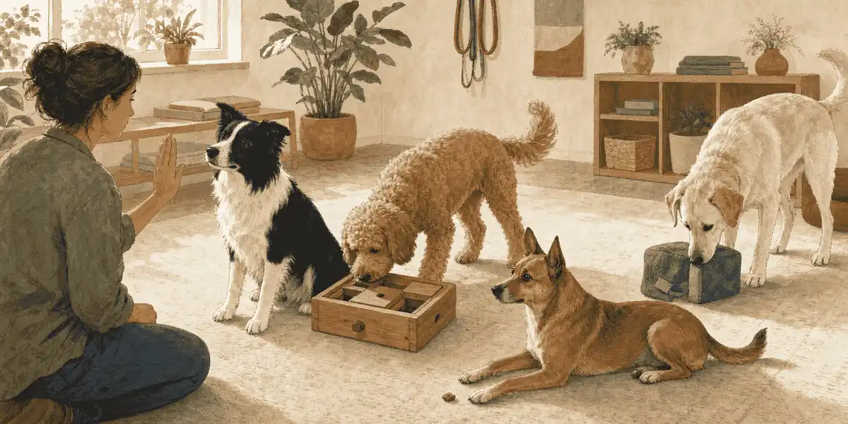 Four different dogs calmly engaging with a hand gesture, a wooden puzzle, a treat, and a new object.