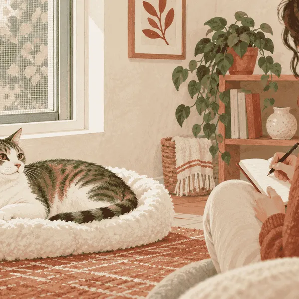 An intact female cat rests inside by a closed window while a caregiver records a calm observation in a notebook.