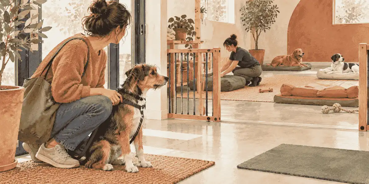 A young dog pauses beside a caregiver at a calm daycare entrance while a staff member prepares a quiet rest area.