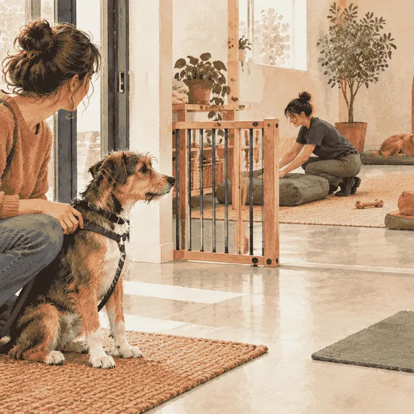 A young dog pauses beside a caregiver at a calm daycare entrance while a staff member prepares a quiet rest area.