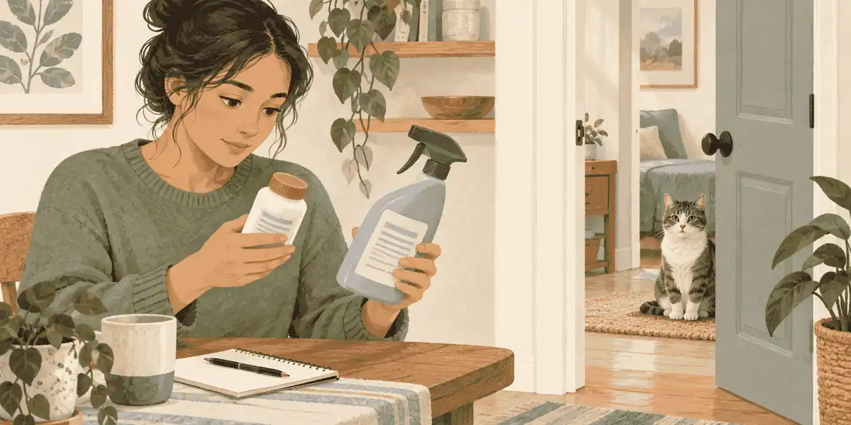 A caregiver checks a medicine label and household product card while a cat stays behind a quiet doorway.