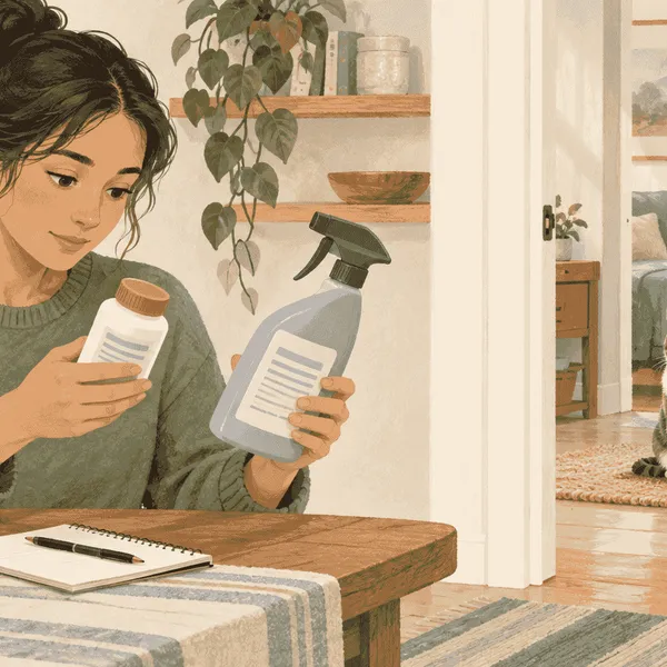 A caregiver checks a medicine label and household product card while a cat stays behind a quiet doorway.