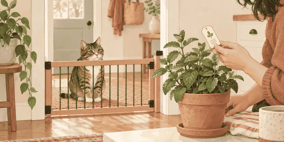 A tabby cat watches from behind a low gate while a caregiver checks a mint plant label.