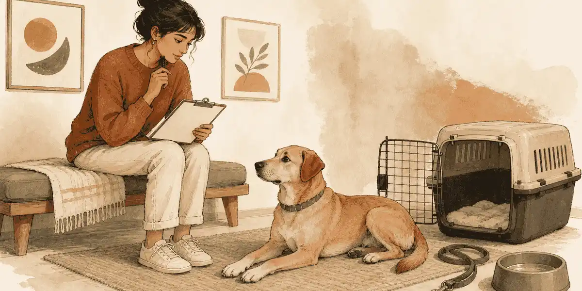 A prospective dog adopter reviews a household plan while a calm mixed-breed dog rests beside a lead and open carrier.