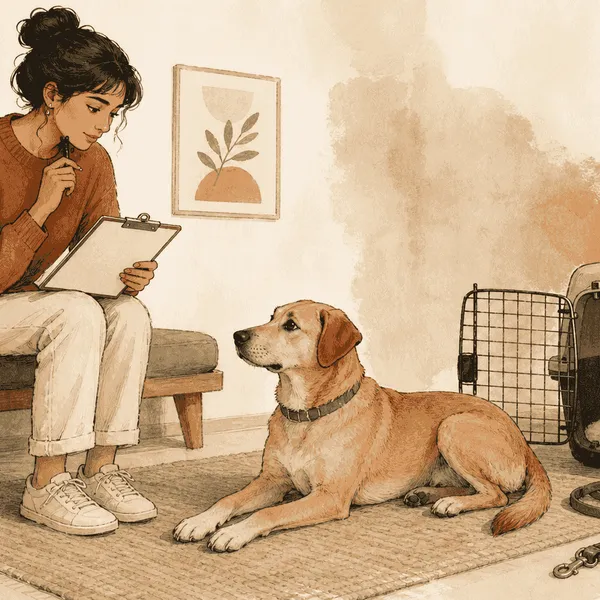 A prospective dog adopter reviews a household plan while a calm mixed-breed dog rests beside a lead and open carrier.