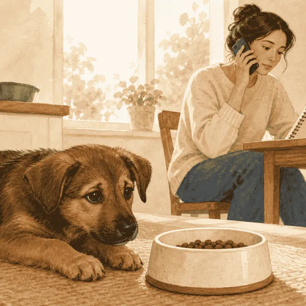 A young brown puppy rests near an untouched food bowl while a caregiver calls a veterinary clinic and checks a meal note.