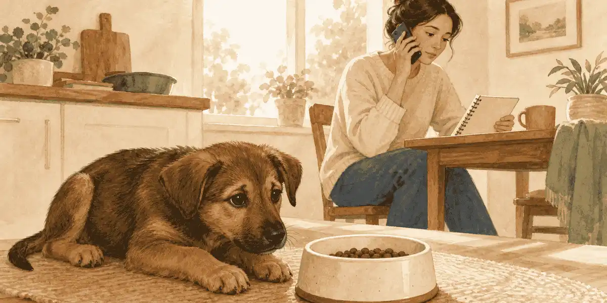 A young brown puppy rests near an untouched food bowl while a caregiver calls a veterinary clinic and checks a meal note.