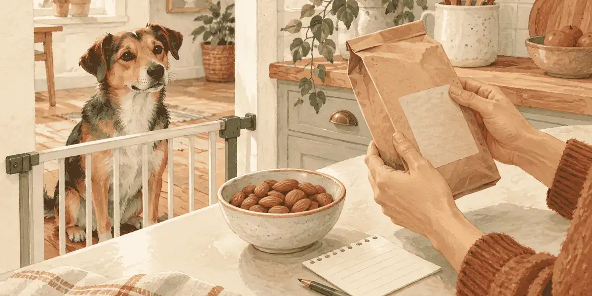 A dog waits beside a small bowl of plain almonds and a labeled mixed snack on a kitchen table.
