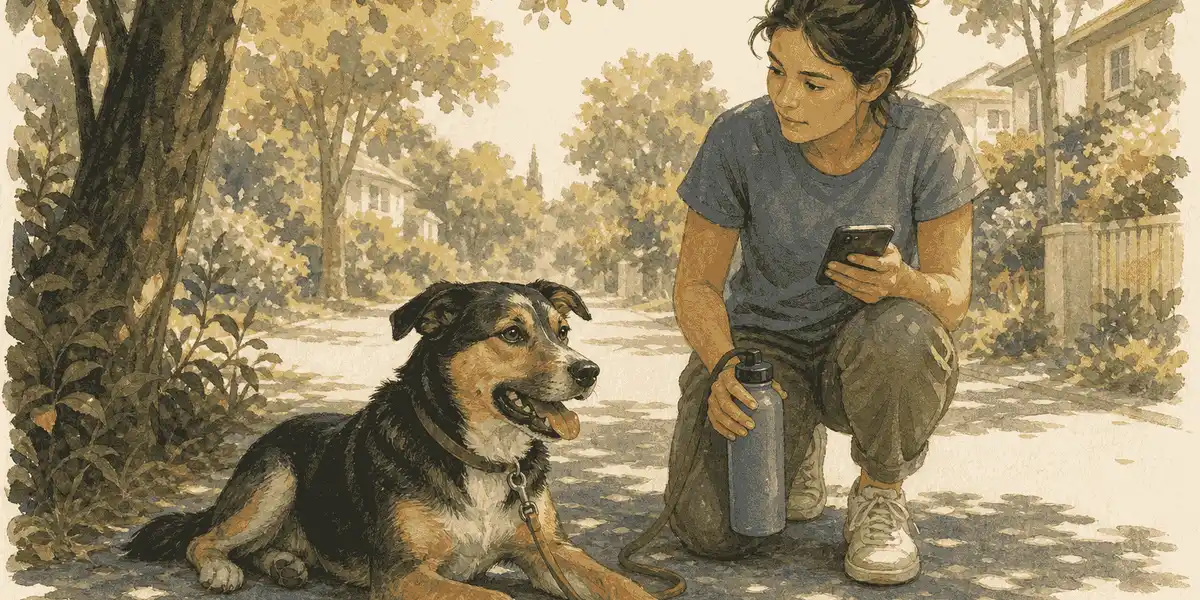 Dog resting in tree shade while an owner kneels nearby with water and a phone.