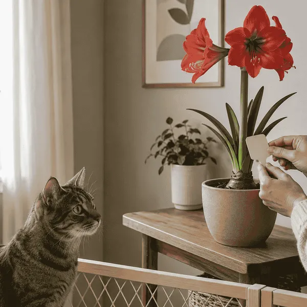 A tabby cat stays behind a low gate while a caregiver checks an amaryllis plant label beside a secured pot.