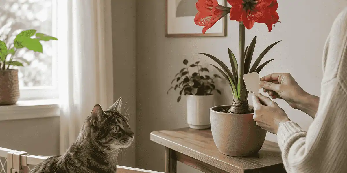 A tabby cat stays behind a low gate while a caregiver checks an amaryllis plant label beside a secured pot.