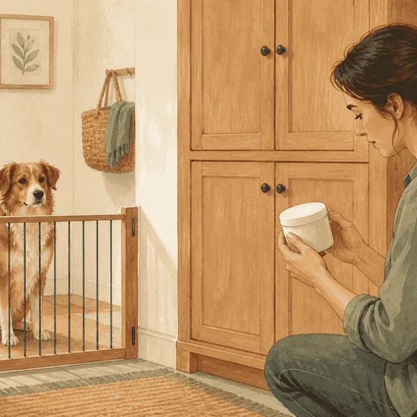 A dog waits behind a low gate while a caregiver checks an unbranded mothball container before storing it in a closed cabinet.