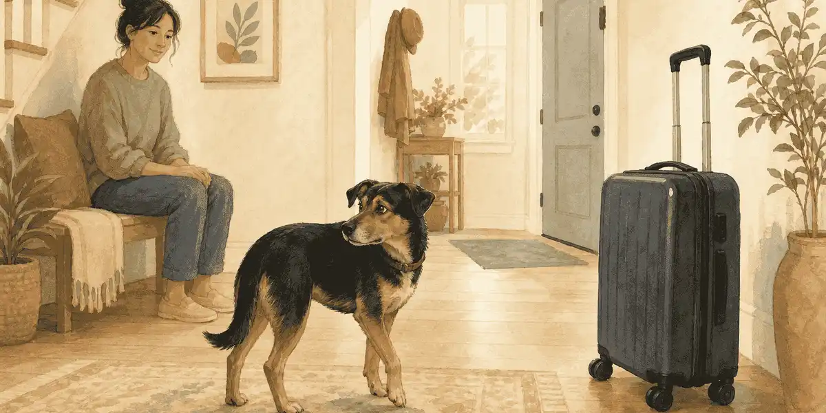 Dog looking back at a calm owner near a new object in a bright room.