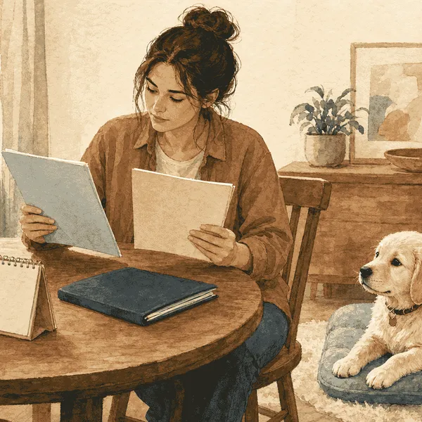 A puppy owner compares two unbranded insurance policy folders beside a calendar and veterinary records while a cream puppy rests nearby.