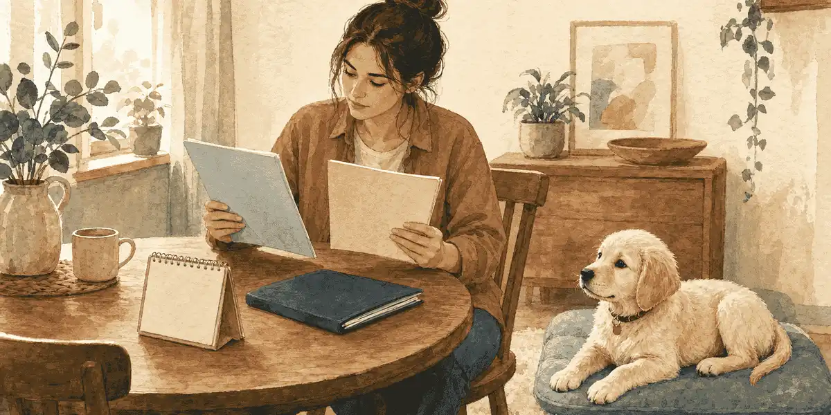 A puppy owner compares two unbranded insurance policy folders beside a calendar and veterinary records while a cream puppy rests nearby.