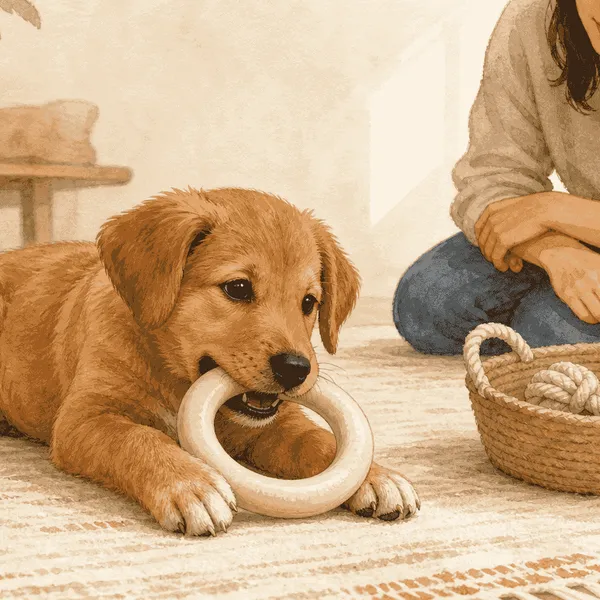 A golden-brown puppy chews a flexible cream ring toy while a caregiver watches from the rug.