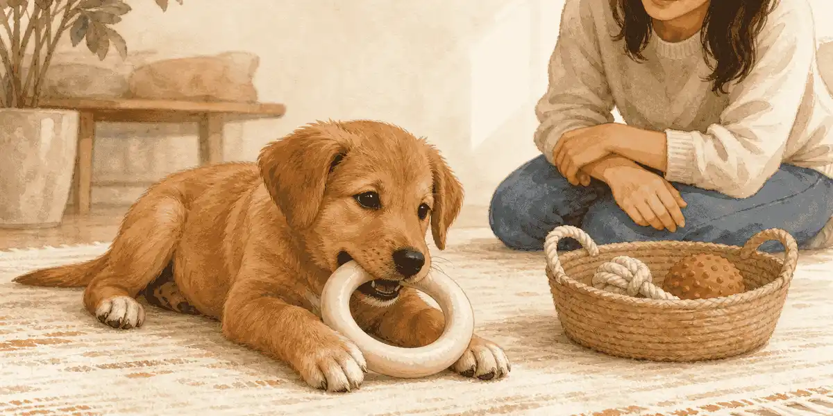 A golden-brown puppy chews a flexible cream ring toy while a caregiver watches from the rug.