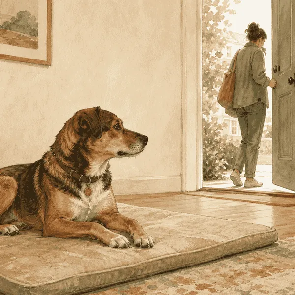 A newly adopted mixed-breed dog rests on a mat while a caregiver watches from an open doorway in a calm home.