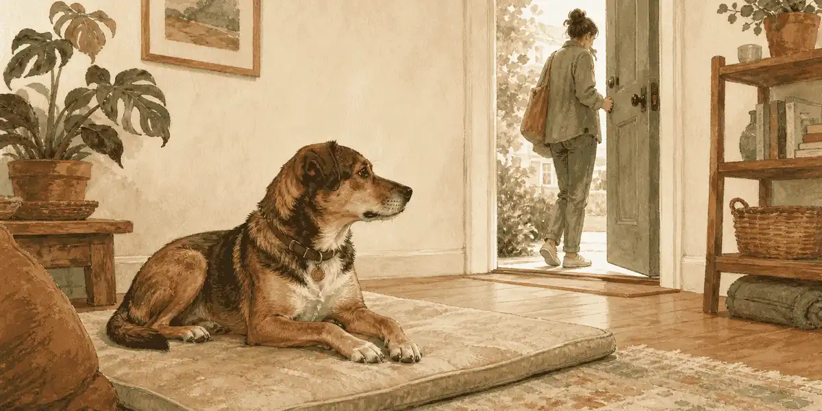 A newly adopted mixed-breed dog rests on a mat while a caregiver watches from an open doorway in a calm home.