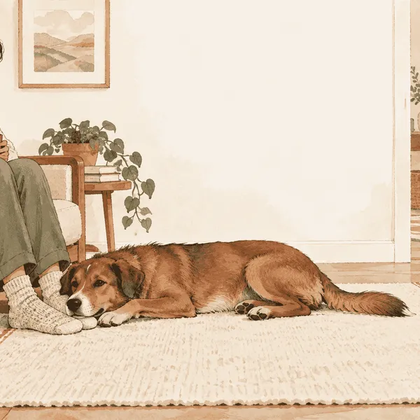 A relaxed brown dog rests its chin near a caregiver's feet on a cream rug while an open route remains clear.