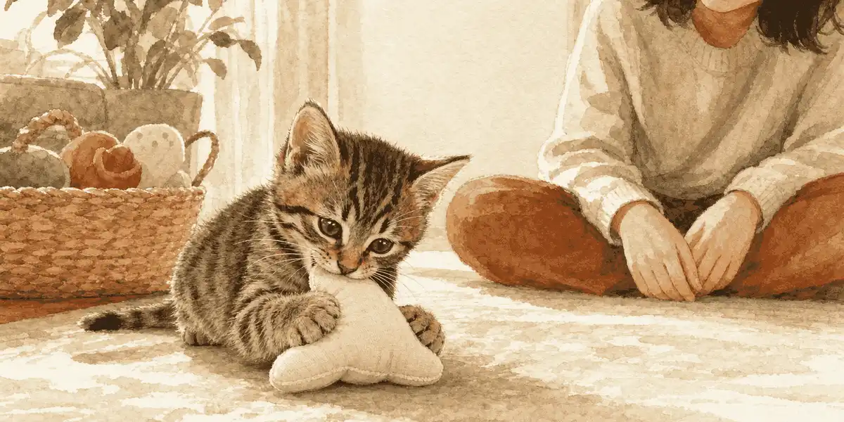 A tabby kitten chews a soft cream toy while a caregiver watches beside an open toy basket.