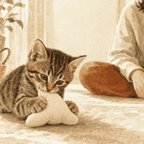 A tabby kitten chews a soft cream toy while a caregiver watches beside an open toy basket.