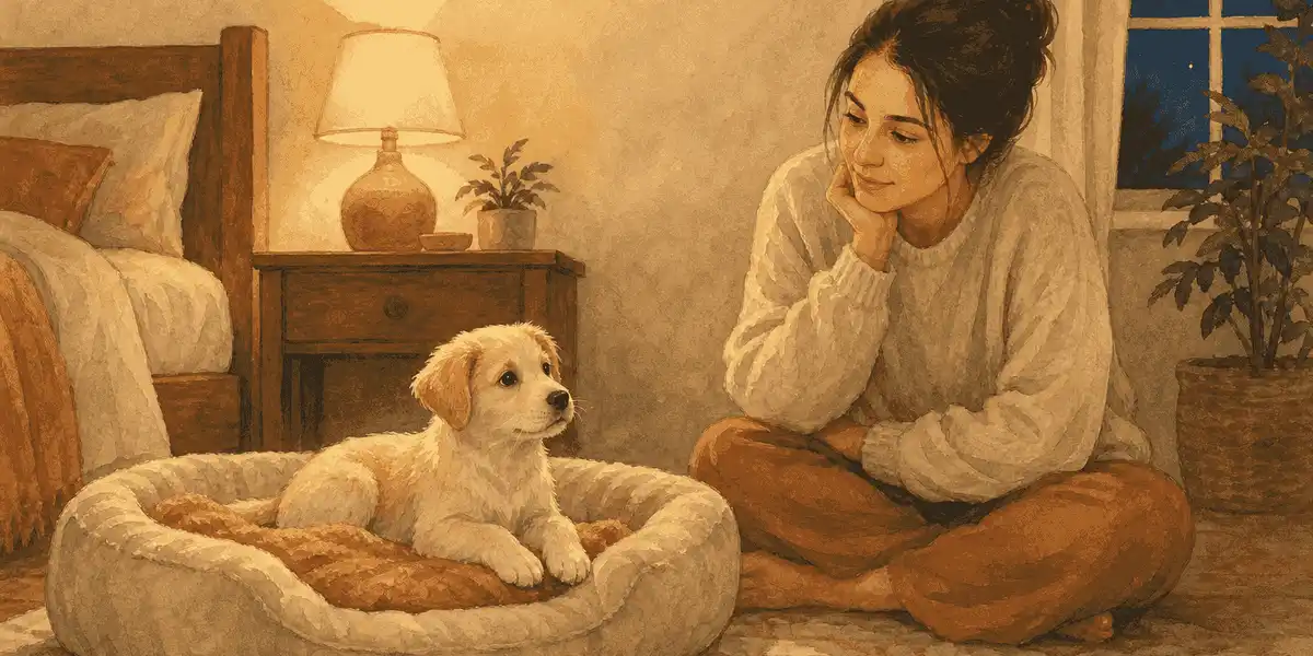 Young cream puppy awake on a bed beside a seated caregiver in a quiet, softly lit room.