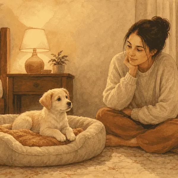 Young cream puppy awake on a bed beside a seated caregiver in a quiet, softly lit room.
