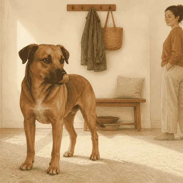 A calm brown dog pauses with its tongue just visible while a caregiver gives it space in a warm home.