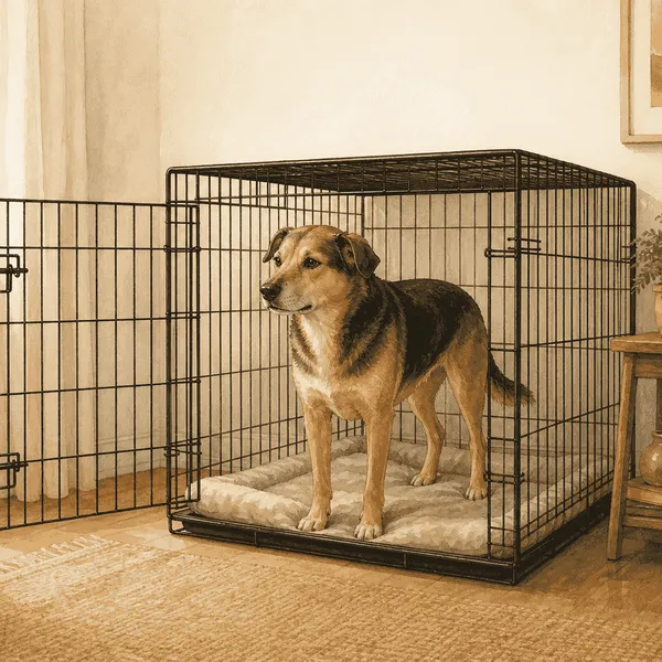 A relaxed mixed-breed dog stands inside a roomy open wire crate in a warm, quiet living room.