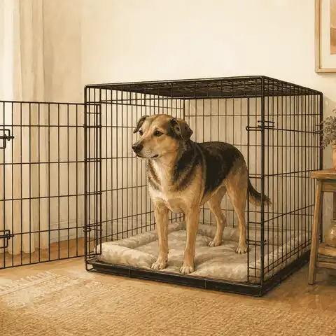 A relaxed mixed-breed dog stands inside a roomy open wire crate in a warm, quiet living room.