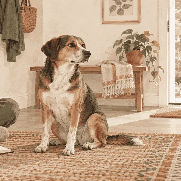 A relaxed female dog sits beside a caregiver's notebook while the caregiver observes her from a comfortable distance.
