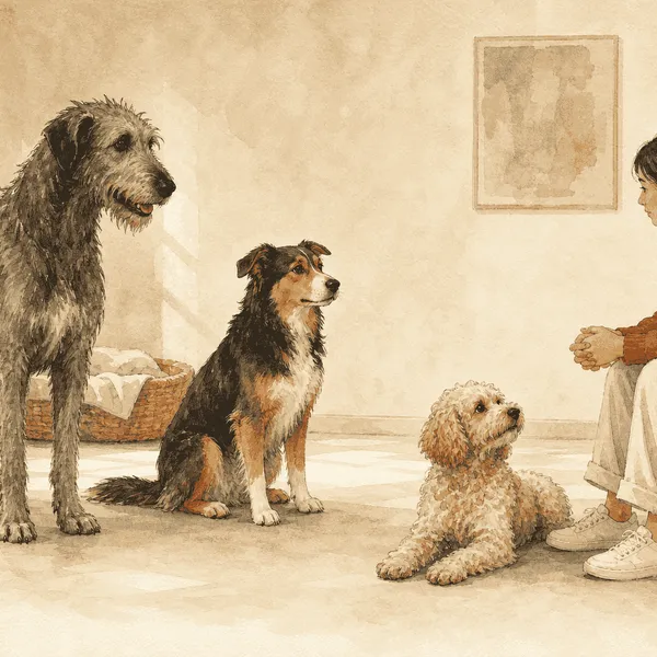 Three dogs of different sizes and coat types calmly meet a seated prospective caregiver in a quiet room.