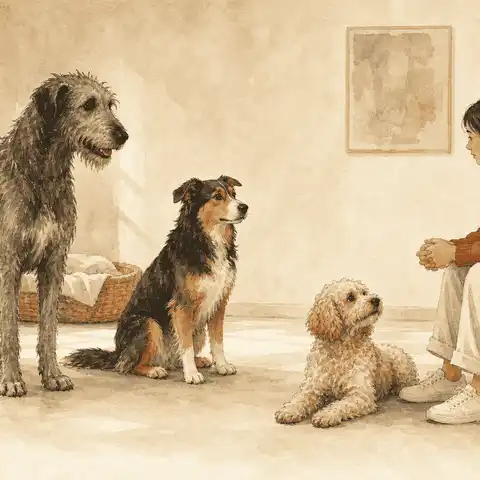 Three dogs of different sizes and coat types calmly meet a seated prospective caregiver in a quiet room.