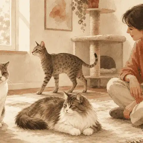 Three cats with different coats relax near a seated woman in a warm living room.