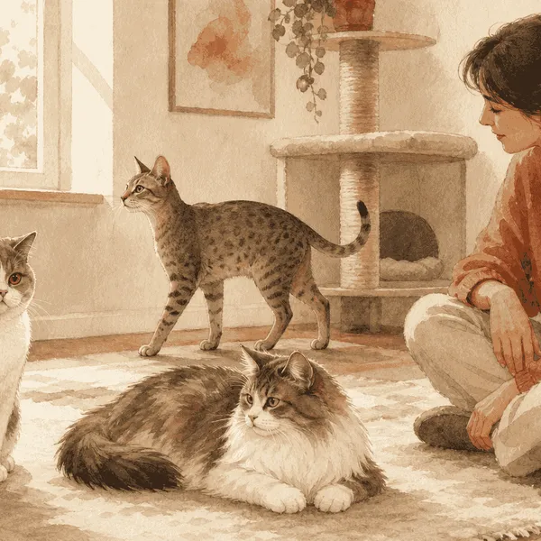 Three cats with different coats relax near a seated woman in a warm living room.