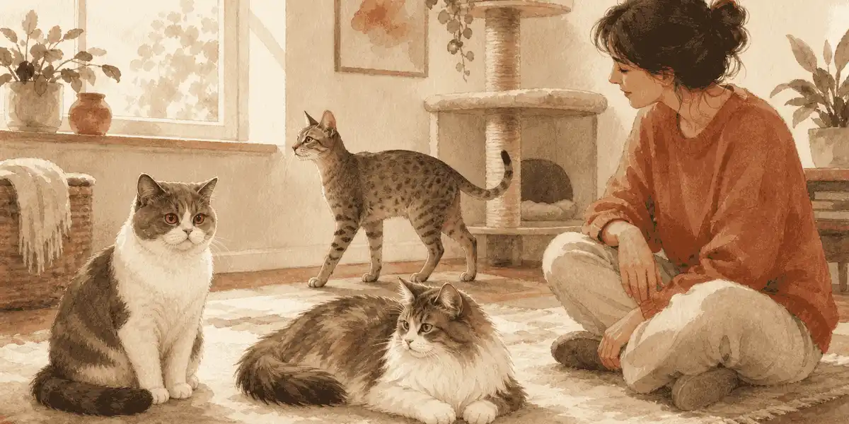 Three cats with different coats relax near a seated woman in a warm living room.