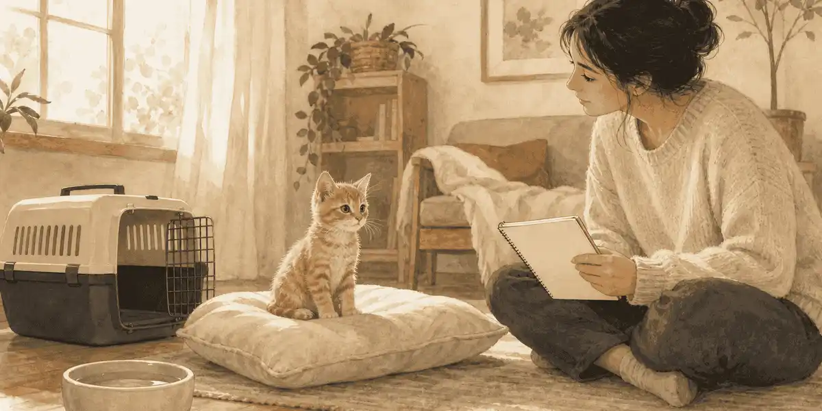 A small orange tabby kitten sits alert on a cushion while a caregiver watches with a notebook in a quiet base room.