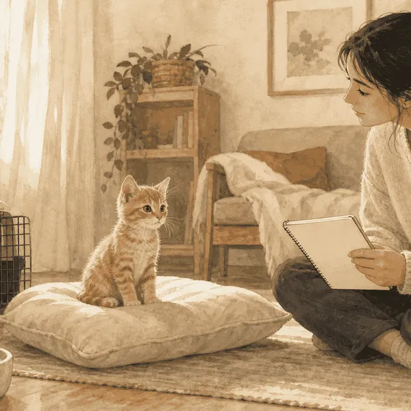 A small orange tabby kitten sits alert on a cushion while a caregiver watches with a notebook in a quiet base room.
