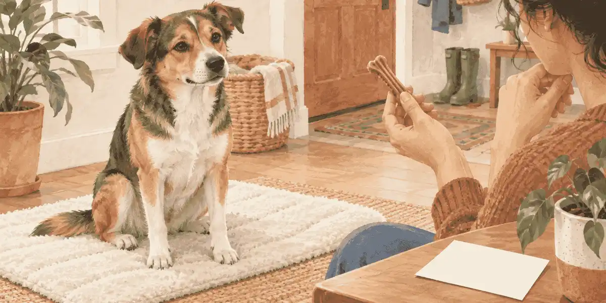 A relaxed dog watches a caregiver compare an unbranded dental chew with a simple veterinary appointment card.