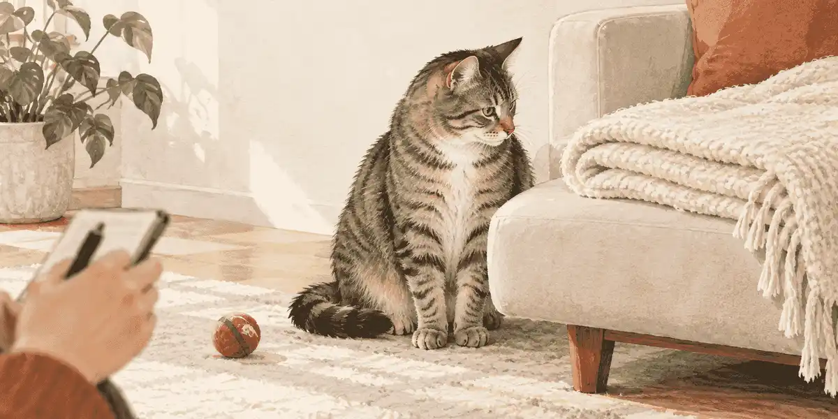 A tabby cat pauses beside a folded cream blanket while a caregiver observes from a respectful distance.