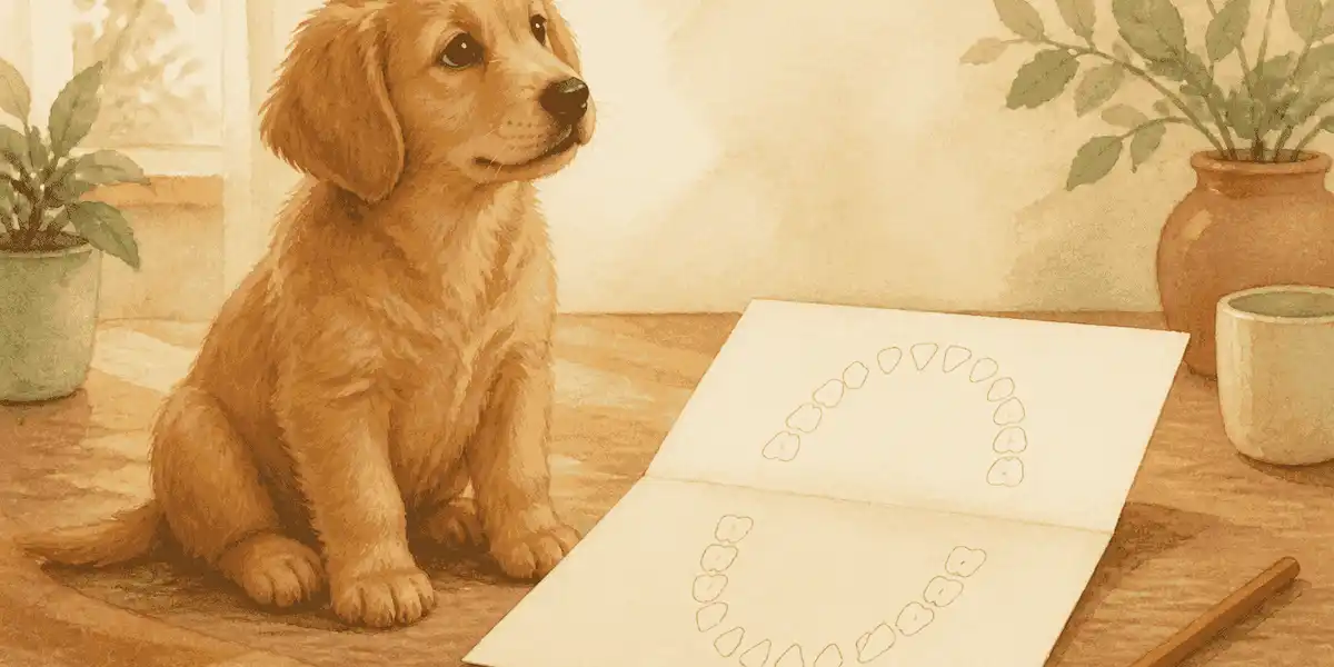 A relaxed puppy sits beside a blank paper chart with simple tooth shapes and a caregiver's pencil on a warm table.